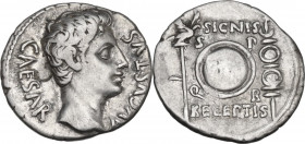 Augustus (27 BC - 14 AD). AR Denarius. Uncertain Spanish mint (Colonia Patricia?), c. 19 BC. Obv. CAESAR AVGVSTVS. Bare head right. Rev. SIGNIS RECEPT...