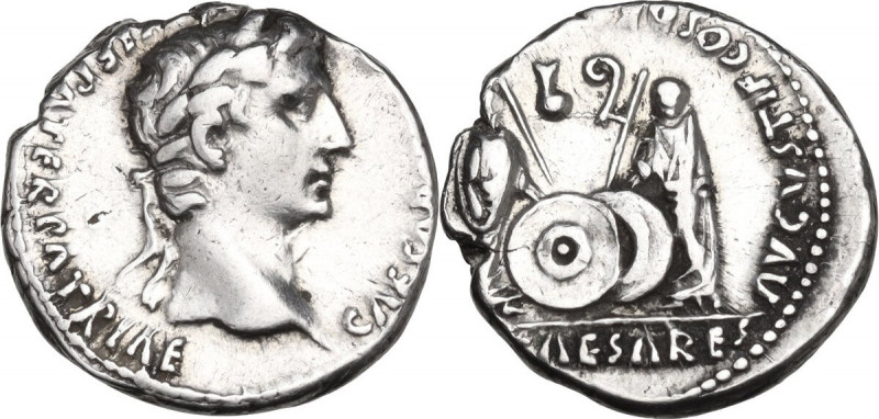 Augustus (27 BC - 14 AD). AR Denarius, 2 BC-4 AD, Lugdunum mint. Obv. Laureate h...