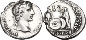 Augustus (27 BC - 14 AD). AR Denarius, 2 BC-4 AD, Lugdunum mint. Obv. Laureate head right. Rev. Caius and Lucius Caesar standing facing, leaning on sh...
