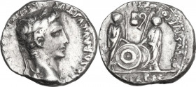 Augustus (27 BC - 14 AD). AR Denarius. Lugdunum mint. Obv. Laureate head right. Rev. Caius and Lucius Caesar standing facing, leaning on shield; betwe...