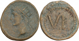 Augustus (27 BC-14 AD). AE Tessera. Anonymous issues. Time of Tiberius. Struck circa 22/3-37 AD. Obv. Radiate head of Augustus left, within linear bor...