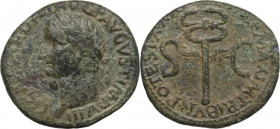 Tiberius (14-37). AE As. Obv. Laureate head left. Rev. S-C flanking winged caduceus. RIC I (2nd ed.) 53. AE. 9.60 g. 28.00 mm. About VF.