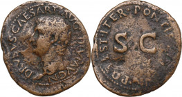 Drusus (died 23 AD). AE As. Struck under Tiberius, 23 AD. Obv. Bare head left. Rev. Legend around large SC. RIC I (2nd ed.) (Tib.) 45. AE. 10.02 g. 31...