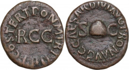Gaius (37-41). AE Quadrans, 39-40 AD. Obv. Pileus between S-C. Rev. RCC. RIC I (2nd ed.) 45. AE. 3.00 g. 18.00 mm. VF.