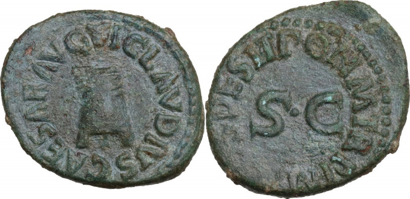 Claudius (41-54). AE Quadrans Rome mint. Obv. Modius. Rev. Legend around large S...