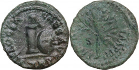 Nero (54-68). AE Quadrans. AD 65. Rome mint. Obv. Helmet resting on top of column; shield, with spear behind, to right. Rev. Branch. RIC I (2nd ed.) 3...
