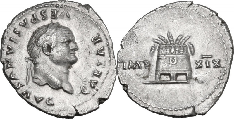 Vespasian (69 -79). AR Denarius. Struck AD 77-78. Obv. Laureate head right. Rev....