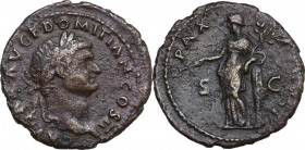 Domitian as Caesar under Vespasian (69-79). AE As. Obv. Laureate bust right. Rev. Pax standing left leaning on column. RIC II 660, 669. AE. 8.70 g. 27...