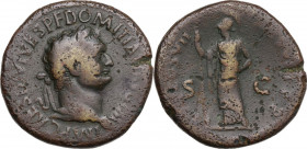 Domitian (81-96 AD). AE Sestertius. Obv. Laureate head right. Rev. Minerva standing, left. RIC II-p. 1 (2nd ed.) 78. AE. 24.00 g. 34.00 mm. Brown pati...