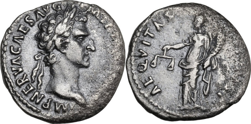 Nerva (96-98). AR Denarius. Obv. Laureate head right. Rev. Aequitas standing lef...