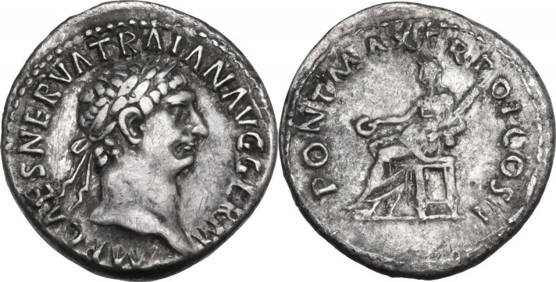 Trajan (98-117). AR Denarius, 100 AD. Obv. Laureate head right. Rev. Vesta seate...
