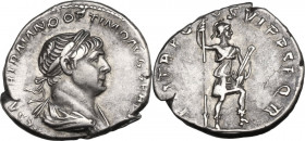 Trajan (98-117 AD). AR Denarius. Obv. Laureate bust right. Rev. Virtus, helmeted, in military dress, standing right. RIC II-p. 1 (2nd ed.) 353. AR. 3....
