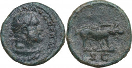 Trajan (98-117). AE Quadrans. Obv. Bust of Hercules right, with lion's skin. Rev. Boar walking right. RIC II 702. AE. 2.20 g. 16.00 mm. VF.