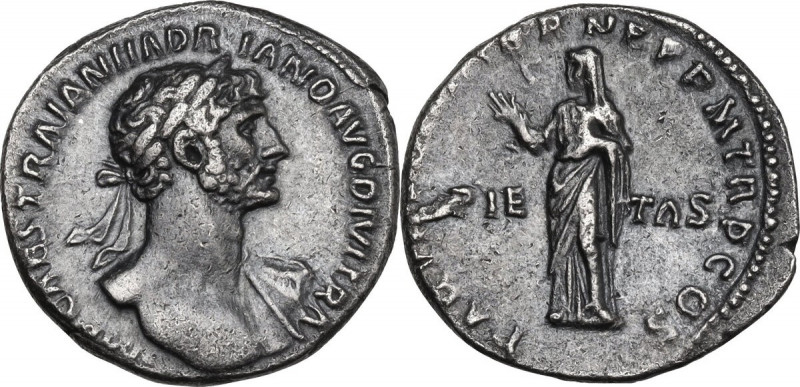 Hadrian (117-138). AR Denarius. Rome mint. Obv. Laureate bust right, slight drap...