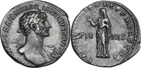 Hadrian (117-138). AR Denarius. Rome mint. Obv. Laureate bust right, slight drapery on far shoulder. Rev. Pietas standing, left. RIC II-p. 3 (2nd ed.)...