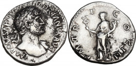 Hadrian (117-138). AR Denarius, 119-122. Obv. Bust right, laureate, slight drapery on left shoulder. Rev. Felicitas standing left, holding caduceus an...