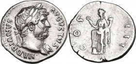 Hadrian (117-138). AR Denarius. Obv. Laureate bust right, slight drapery on far shoulder. Rev. Annona standing left. RIC II-p. 3 (2nd ed.) 845. AR. 3....
