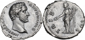 Antoninus Pius as Caesar (25 February-10 July 138 AD). AR Denarius. Obv. Bare head right. Rev. Concordia standing left, holding patera and double corn...