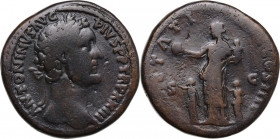 Antoninus Pius (138-161). AE Sestertius, 159-160. Obv. Laureate head right. Rev. Pietas standing left, holding globe and child; a child standing on ei...