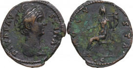 Diva Faustina I (died 141 AD). AE As, 141 AD. Obv. Faustina bust right. Rev. Vesta? seated left. RIC III (Ant. P.) 1170. AE. 9.80 g. 27.00 mm. Irregul...