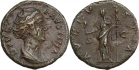 Diva Faustina I (died 141 AD). AE As, 141 AD. Obv. Bust right, draped. Rev. Vesta standing left, holding palladium and long vertical torch. RIC III (A...