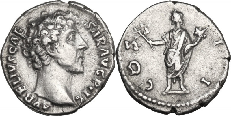 Marcus Aurelius as Caesar (139-161). AR Denarius, 145-147 AD. Obv. Bare head rig...