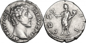 Marcus Aurelius as Caesar (139-161). AR Denarius, 145-147 AD. Obv. Bare head right. Rev. Honos standing, left. RIC III (A. Pius) 429a. AR. 3.20 g. 18....