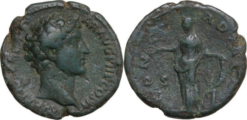 Marcus Aurelius as Caesar (139-161). AE As, 145 AD. Obv. Head right, bare. Rev. ...
