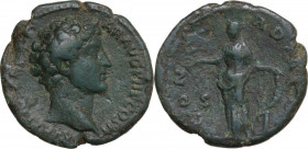 Marcus Aurelius as Caesar (139-161). AE As, 145 AD. Obv. Head right, bare. Rev. Concordia standing left, holding patera and resting on cornucopiae set...