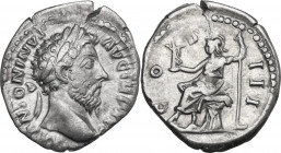 Marcus Aurelius (161-180). AR Denarius. Obv. Laureate head right. Rev. Roma seated, left; holding Victory. RIC III 233. AR. 3.30 g. 20.00 mm. Nice sty...