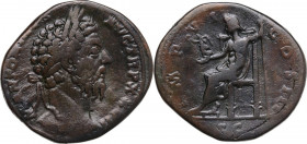 Marcus Aurelius (161-180). AE Sestertius, 173 AD. Obv. Laureate bust right. Rev. Jupiter seated left, holding Victory and sceptre. RIC III 1064. AE. 2...