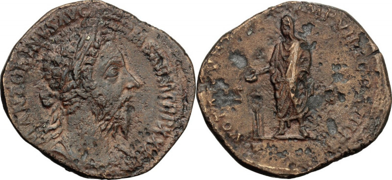 Marcus Aurelius (161-180). AE Sestertius, 177 AD. Obv. Bust of Marcus Aurelius r...