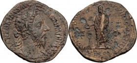 Marcus Aurelius (161-180). AE Sestertius, 177 AD. Obv. Bust of Marcus Aurelius right, laureate, draped. Rev. Emperor standing left, veiled; sacrificin...