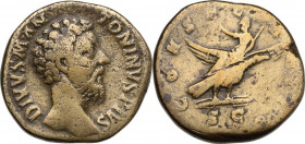 Divus Marcus Aurelius (died 180 AD). AE Sestertius. Consecration issue, struck under Commodus, AD 180. Obv. Bare head right. Rev. Divus Marcus Aureliu...