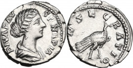 Faustina II (died 176 AD). AR Denarius. Obv. Draped bust right. Rev. Peacock, walking right. RIC III (M. Aurel.) 384b. AR. 3.10 g. 19.00 mm. Brilliant...