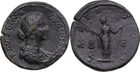 Faustina II (died 176 AD). AE Sestertius, struck under Marcus Aurelius. Obv. Draped bust right, wearing two strings of pearls in hair. Rev. Laetitia s...
