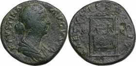 Faustina II (died 176 AD). AE Sestertius, 161-176. Obv. Bust right, draped. Rev. Pulvinar draped and ornamented, on which are two baby boys (Commodus ...