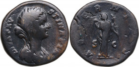 Diva Faustina II (after 176 AD). AE Sestertius, struck under Marcus Aurelius. Obv. Veiled and draped bust right. Rev. Aeternitas standing left, raisin...