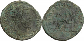 Lucius Verus (161-169). AE Dupondius. Struck under Marcus Aurelius, 168 AD. Obv. Radiate head right. Rev. Aequitas seated left, holding scales and cor...