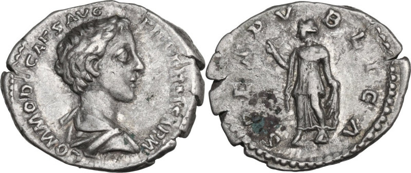 Commodus as Caesar (175-177). AR Denarius. Obv. Bust of Commodus, right. Rev. Sp...