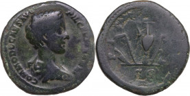 Commodus as Caesar (175-177). AE As, struck under Marcus Aurelius, 175-176. Obv. Bust right, bare-headed, draped. Rev. Knife, aspergillum, jug, lituus...