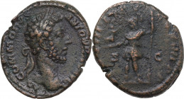 Commodus (177-192). AE As, 183 AD. Obv. Laureate head right. Rev. Roma (Virtus?) standing facing, head left, holding Victory and inverted spear. RIC I...