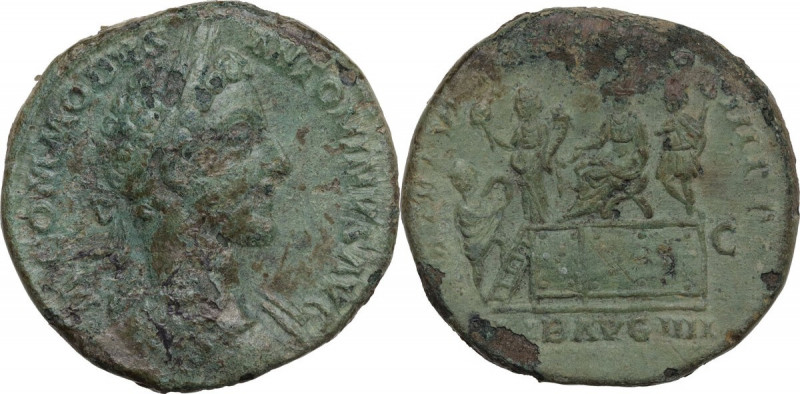 Commodus (177-192). AE Sestertius. Obv. Laureate, draped and cuirassed bust righ...