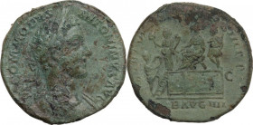 Commodus (177-192). AE Sestertius. Obv. Laureate, draped and cuirassed bust right. Rev. Commodus seated left on curule chair on top platform, holding ...