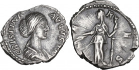 Crispina, wife of Commodus (died 183 AD). AR Denarius, struck under Commodus. Obv. Draped bust right, hair in round coil at back. Rev. Ceres standing ...