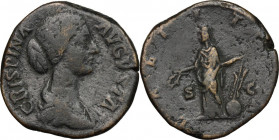 Crispina, wife of Commodus (died 183 AD). AE Sestertius, struck under Commodus. Obv. Draped bust right, hair in round coil at back. Rev. Laetitia stan...