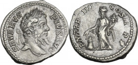 Septimius Severus (193-211). AR Denarius, 206 AD. Obv. Head right, laureate. Rev. Annona standing left, holding corn-ears over modius and cornucopiae....