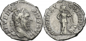 Septimius Severus (193-211). AR Denarius, 207 AD. Obv. Head right, laureate. Rev. Africa standing right, wearing elephant-headdress, holding out drape...