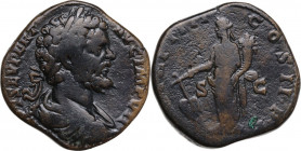 Septimius Severus (193-211). AE Sestertius, 196 AD. Obv. Laureate, draped and cuirassed bust right. Rev. Fortuna standing left, holding rudder set on ...
