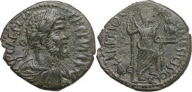 Septimius Severus (193-211). AE 23 mm, Antioch mint (Pisidia). Obv. Laureate, draped and cuirassed bust right. Rev. Mên standing facing, head right, f...